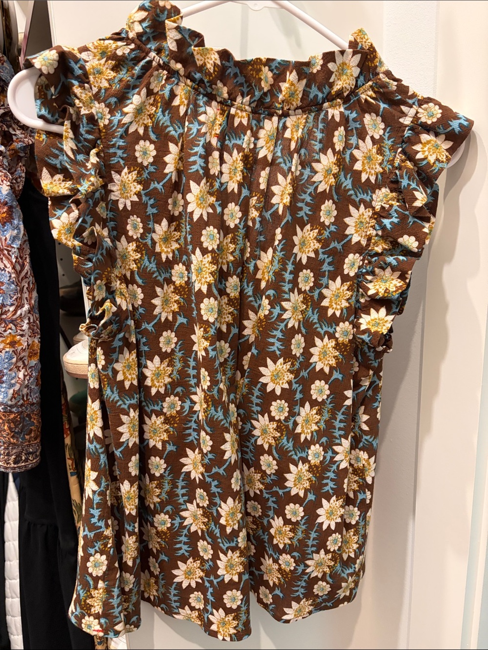 XiRENA Brown Floral V-Neck Ruffle Sleeve Blouse with Blue and Cream Flowers - Picture 6 of 6
